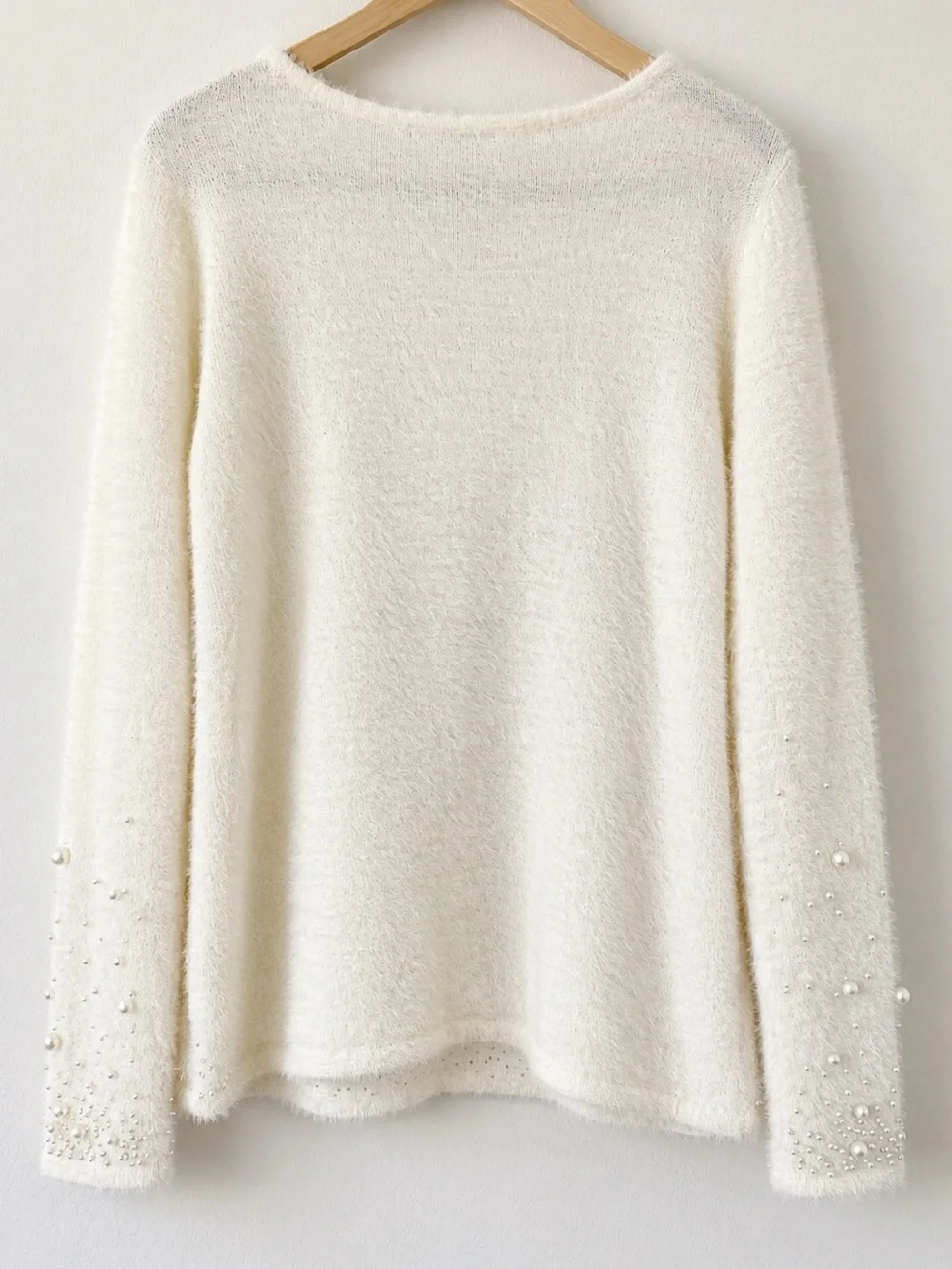 Boston Proper Ivory Pearl Embellished Fuzzy Sweater XL Rhinestone Beadedy New